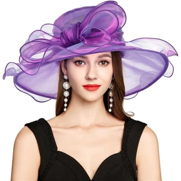 Derby Hats for Women, Classy Organza Sun Hat, Purple - Picture 1 of 6